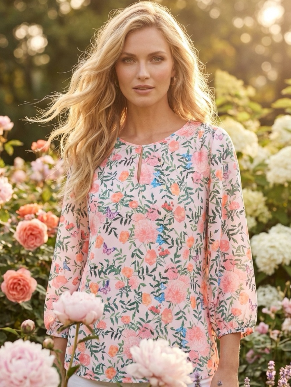 Crosby by Mollie Burch Floral and Butterfly Print 3/4 Sleeve Smocked Blouse - EK